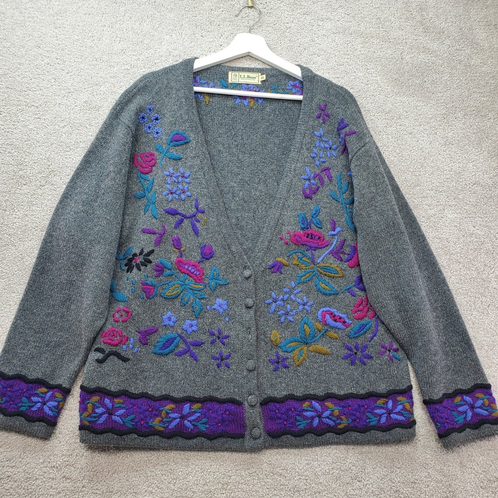 Vtg LL Bean Cardigan Women XL Gray Wool Floral Embroidered V-Neck Grandmacore